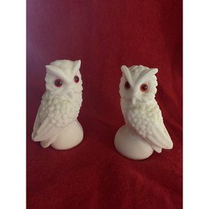 Set of 2 Vintage Norleans Alabaster Snow Owls w/ Glass Red Eyes Figurines